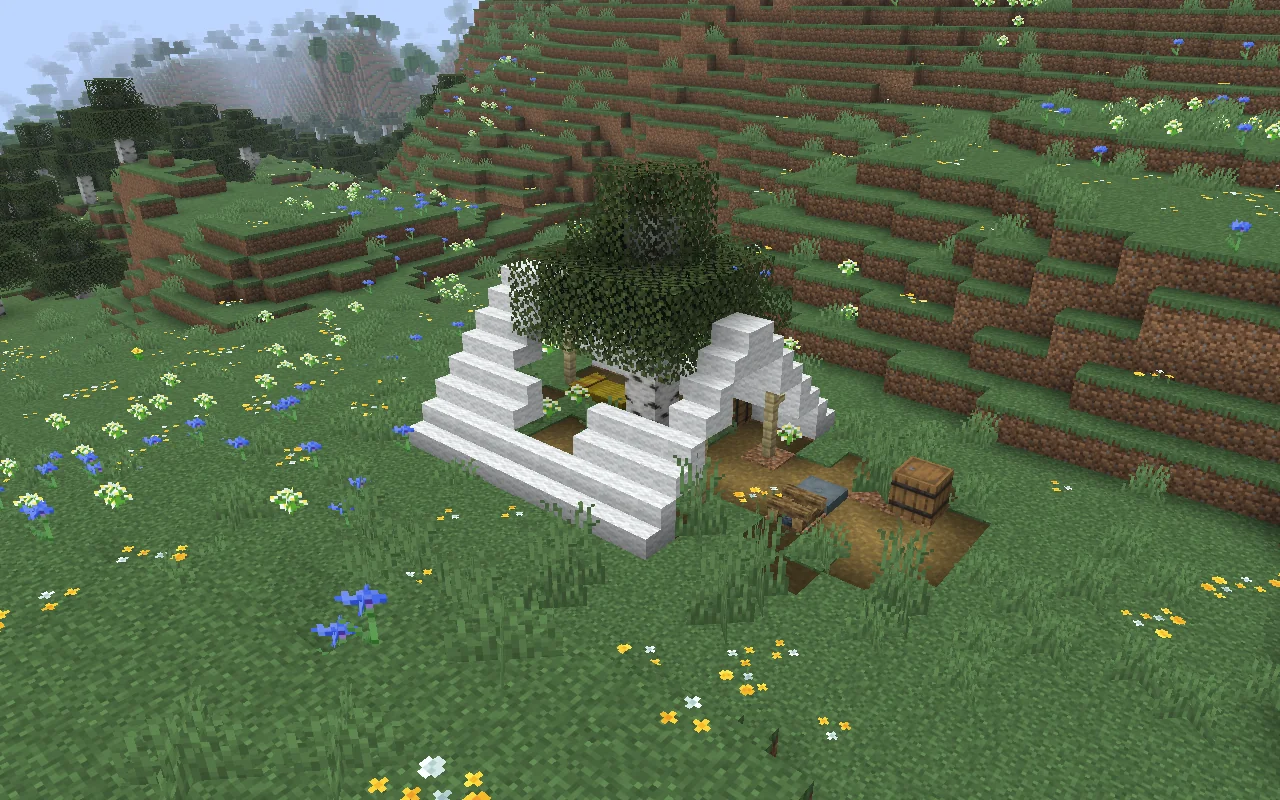 An overgrown Abandoned Camp with a white wool tent and barrel on a flower-covered meadow hillside.