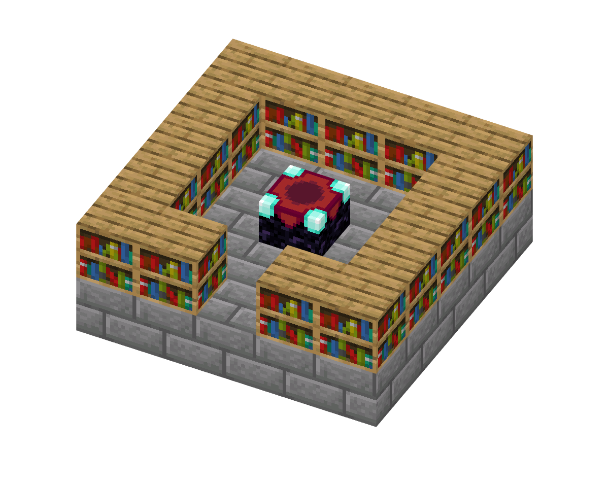 Angled view of 15 bookshelves, all one block high, surrounding an enchanting table. A one-block gap separates the table from the shelves, with an entrance at the front. The stone-brick floor is optional.